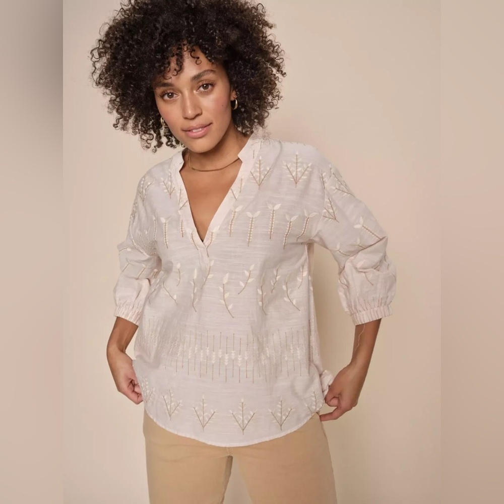 Mos Mosh Embroidered Nadine 3/4 Cotton Embroidered Blouse Tan